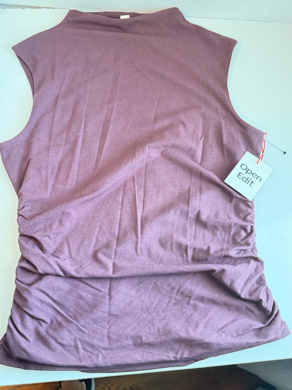 Open Edit Sleeveless Mock Neck Ruched Top Mauve Medium NWT Stretch Minimalist